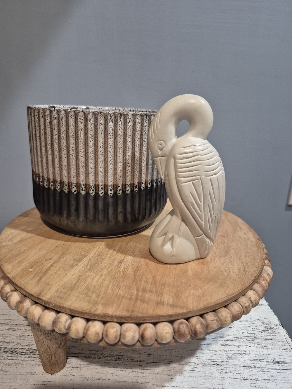 Vintage Soapstone Heron Bird Statue & Ribbed Ceramic Planter Set Boho Vignette